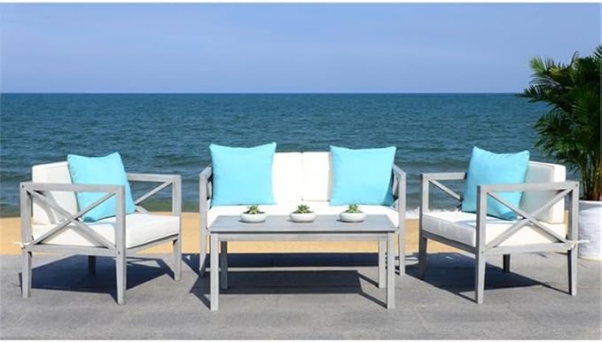 Safavieh PAT7031A Collection Nunzio Teak and White and Navy 4 Pc Accent Pillows Outdoor Set