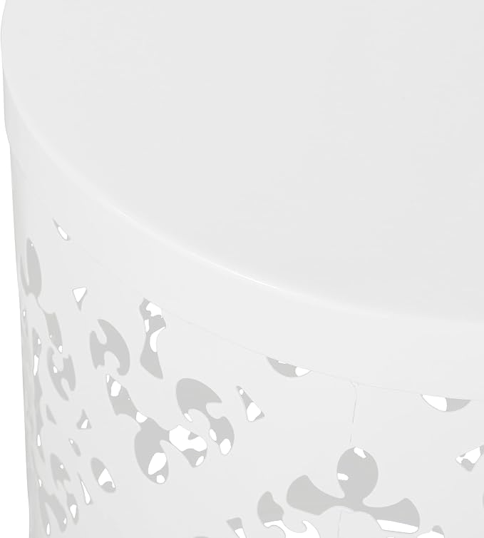 14" Cylindrical Side Table with Floral Iron Cut, Stylish End Table with Powder-Coated Iron, Practical Accent Table with No Assembly for Outdoor Patio Garden, White