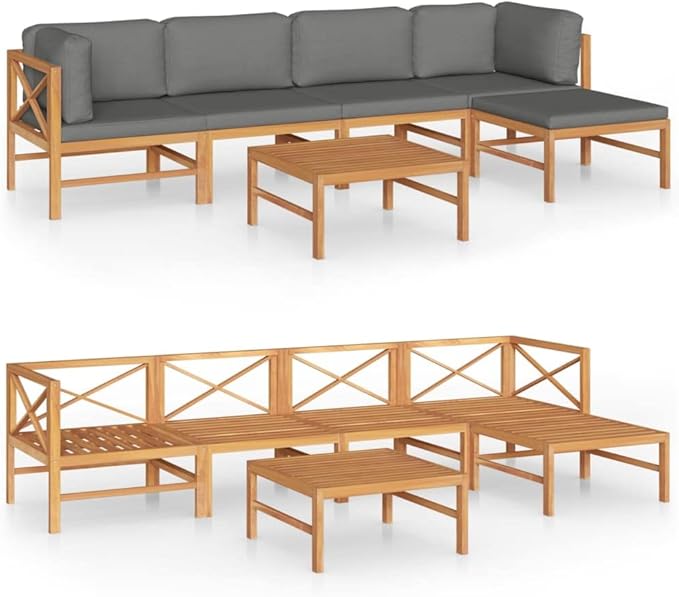 Backyard Furniture Patio Conversation Sets Outdoor Seating 6 Piece Patio Lounge Set with Gray Cushions Solid Teak Wood Suitable for Swimming Pool, Courtyard, Garden