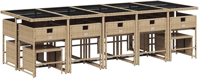 15 Piece Patio Dining Set with Cushions Beige Poly Rattan Outdoor Furniture Table and 10 Chairs with Folding Backrest for Garden Backyard Poolside Dining, UV-Proof, 242.5 lb Capacity