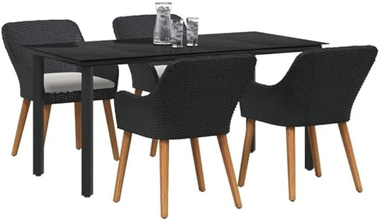 BOWERY HILL 5 Piece Poly Rattan Garden Dining Set, Black Finish, UV-Resistant Patio Furniture with Cushioned Seats, Tempered Glass Tabletop, Powder-Coated Steel Legs, Modern Outdoor Use