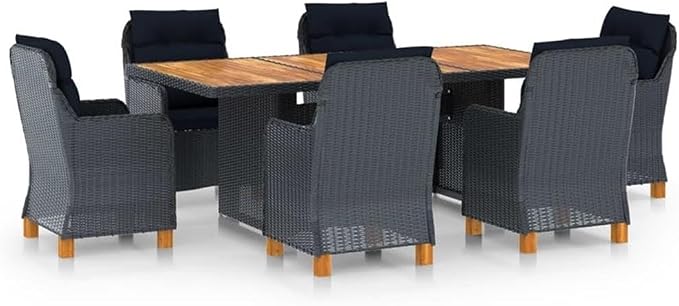 Afuera Living 7-Piece Round Outdoor Dining Set, Dark Gray PE Rattan and Solid Acacia Wood, Weather-Resistant, Removable Cushions, Modern Patio Furniture for Garden, Terrace or Balcony Seating