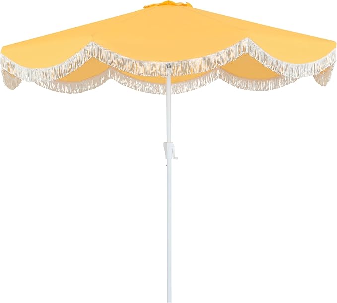 Tempera 9ft Yellow Scalloped Patio Umbrella with Fringe,UV Protection Fade Resistant Canopy, 8 Sturdy Ribs, Outdoor Table Umbrella with Crank Tilt for Lawn, Pool, Deck, Balcony