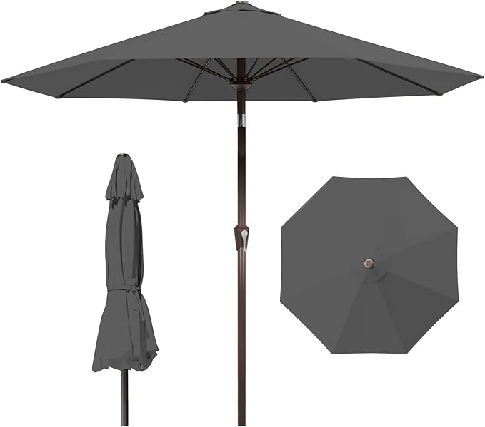 9ft Patio Umbrella with Push Button Tilt and Crank,Outdoor Market Table Umbrella UV Protection 8 Sturdy Ribs for Backyard,Garden,Pool,Deck(Gray)