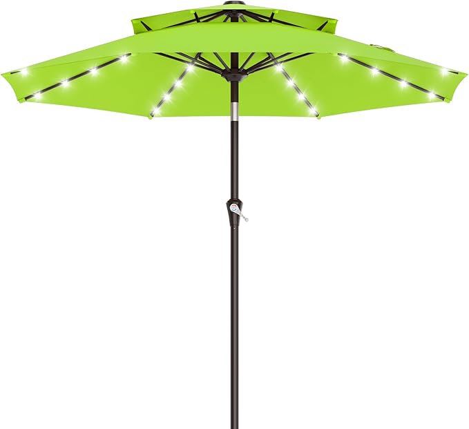 AreShark 9ft 2 Tiers Patio Umbrella with Solar Lights, Outdoor Umbrella w/ 32 LED Lights&8 Sturdy Ribs, Table Umbrella for Deck, Backyard, Pool(Apple Green)