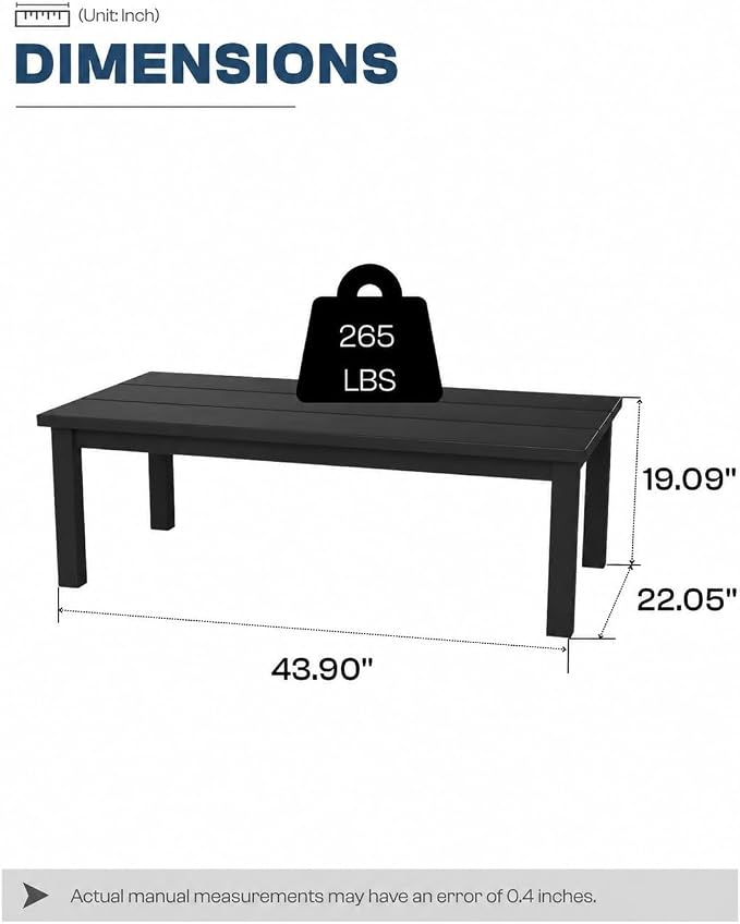 43.9" HDPE Outdoor Coffee Table, (Black) | All-Weather HDPE, Easy Assembly, Low-Maintenance, Large Tabletop, For Patio Deck Poolside Backyard Use