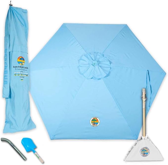 BEACHBUB ALL-IN-ONE BEACH UMBRELLA SYSTEM. Includes ULTRA Base (compliant with the ASTM F3681-24 Beach Umbrella Safety Standard). (Caribbean Blue)
