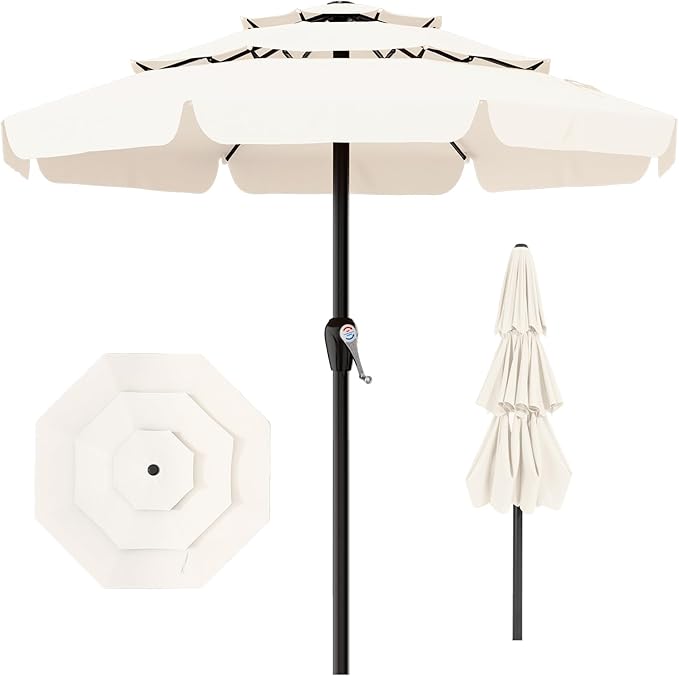 AreShark 12FT 3-Tiers Patio Umbrella with Valance, Outdoor with Crank, Large Outdoor Market Umbrellas Vented with 8 Sturdy Ribs, Patio Table Umbrellas for Garden, Deck, Backyard, Pool, Cream White