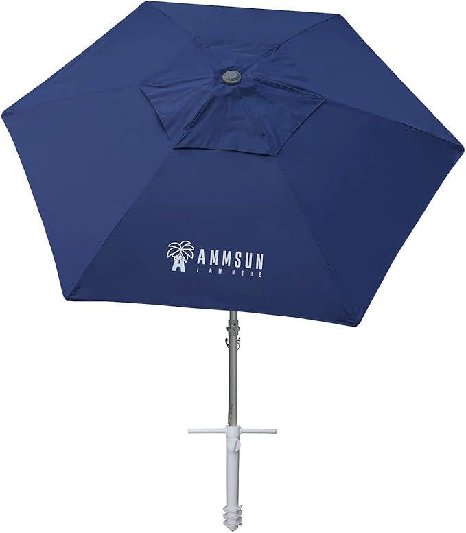 AMMSUN 8ft Large Beach Umbrellas for Sand Heavy Huty Wind Portable Commercial Grade Patio Beach Umbrella with Sand Anchor Hanging Hook Weight Sandbag Adjustable Height Air Vent UPF 50+ Telescoping Pole without tilt Navy
