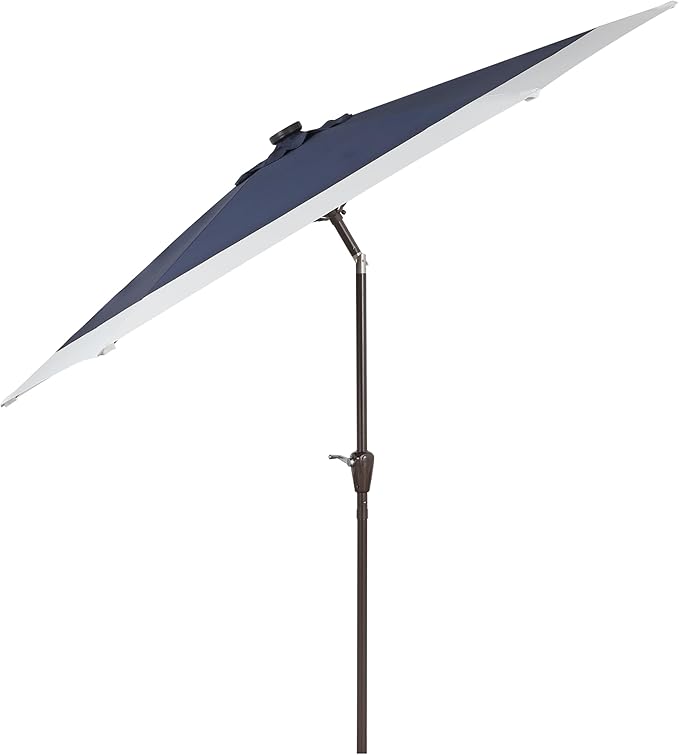 JONATHAN Y Spencer 9 ft. Solar Powered LED Patio Umbrella with Crank and Tilt, Hexagon Outdoor Market Sunshade for Garden, Deck and Pool, Navy/White, Dark Brown Pole UMB1100A