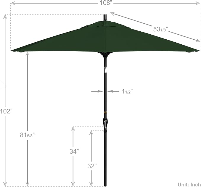 California Umbrella 9' Round Aluminum Market Umbrella, Crank Lift, Push Button Tilt, Black Pole, Pacifica