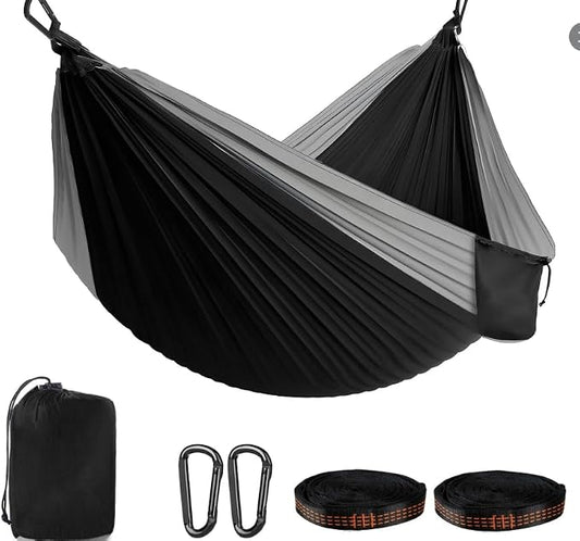 Adult Double Camping Hammock, 10ft x 6.5ft (300x200cm), Orange and Gray, 210T Nylon, 500 Lbs Weight Capacity, Portable with Storage Bag, d-Rings & Wide Straps, Breathable & Durable for Outdoor, Campin