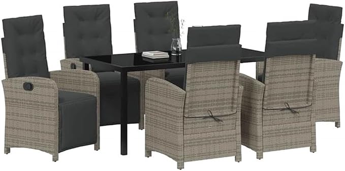 Afuera Living 7 Piece Poly Rattan Garden Dining Set, Gray Finish, Tempered Glass Top, Cushions Included, Ergonomic Armrests, Weather-Resistant Patio Dining Furniture for Outdoor and Garden Use