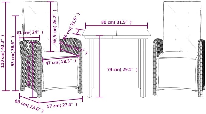 Backyard Furniture Patio Conversation Sets Outdoor Seating 3 Piece Bistro Set with Cushions Gray Poly Rattan Suitable for Gardens, Balconies, Decks