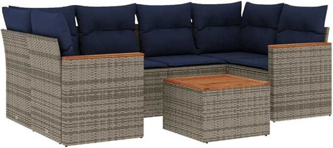vidaXL Patio Sofa Set with Cushions 7 Piece, Outdoor Conversation Set, Patio Sectional Sofa for Balcony Garden, Modern Style, Gray Poly Rattan
