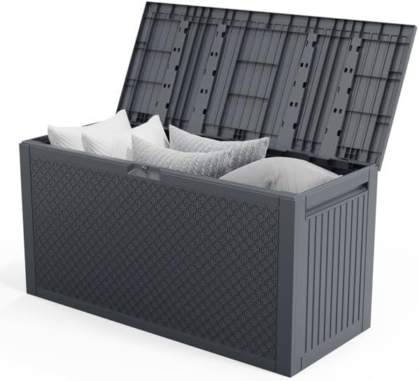 90gal Outdoor Garden Plastic Storage Deck Box Tools Lockable Seat (Grey)