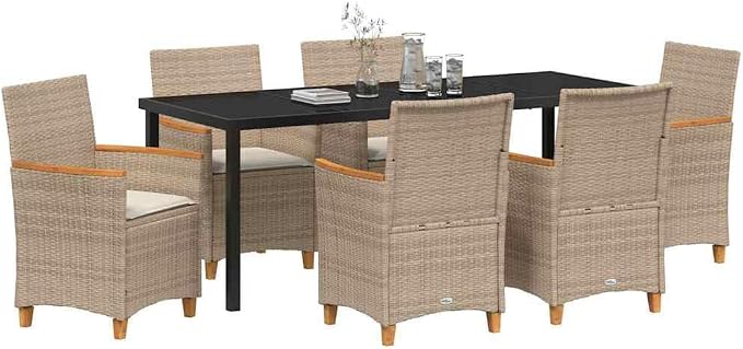 7 Piece Outdoor Dining Set, Beige Poly Rattan Patio Furniture with 6 Cushioned Chairs and Glass Tabletop for Garden Deck Backyard