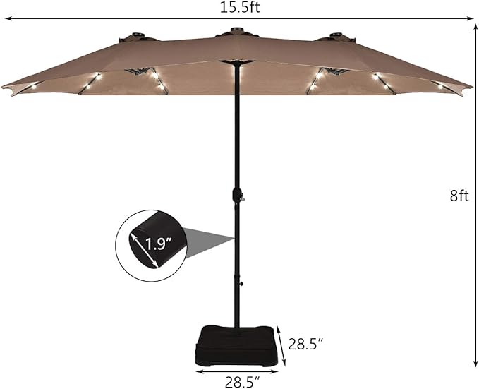 Tangkula 15 Ft Solar Patio Umbrella with Base, Extra Large Outdoor Double-Sided Twin Umbrella with 36 LED Lights & Crank Handle for Garden, Deck, Poolside, Patio (Tan)