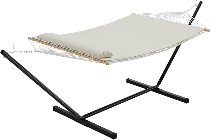 Double Hammock with Foldable Stand, 2 Person Hammock with Quilted Polyester Pad, Heavy Duty Portable Hammocks with Carrying Bag for Outdoor, Patio, Backyard, Poolside, 450 lbs Capacity, Beige