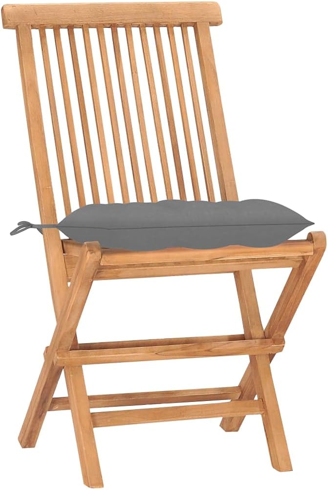 3 Piece Folding Patio Dining Set with Cushion Solid Teak Wood Outdoor Table and 2 Chairs for Garden Backyard Balcony Space Saving Easy Storage Water Resistant Gray