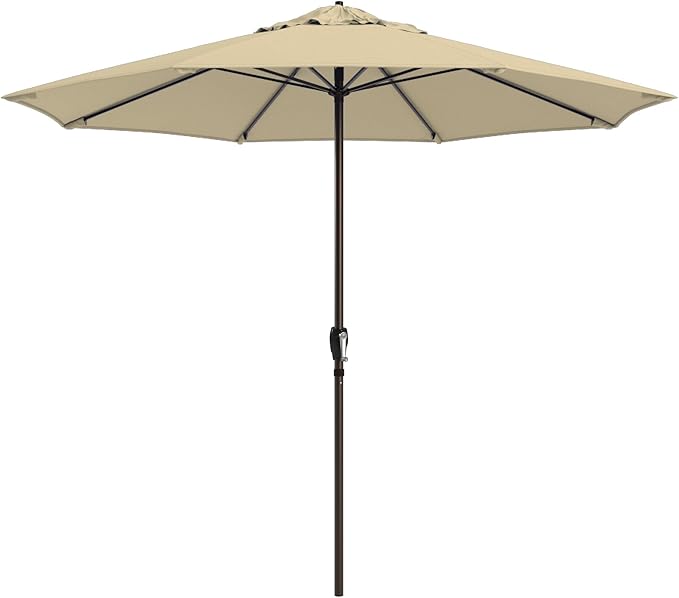 California Umbrella 12-Year Protection 9-Ft Outdoor Patio Umbrella, Sunbrella Fade-Resistant Fabric, Auto-Tilt, Heavy Duty Aluminum Frame, 8 Reinforced Ribs for Pool or Deck, Bronze Pole, Beige