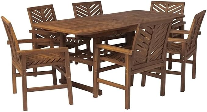 Walker Edison 6 Person Outdoor Wood Chevron Patio Furniture Dining Set Extendable Table Chairs All Weather Backyard Conversation Garden Poolside Balcony, 7 Piece, Dark Brown