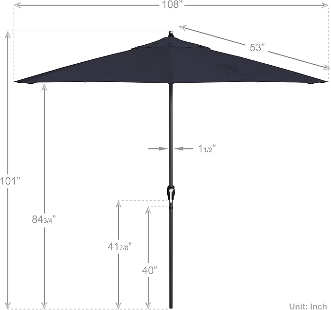 California Umbrella 12-Year Protection 9' Rd Aluminum Patio Umbrella, Crank Lift, Auto Tilt, Black Finish, Sunbrella Navy