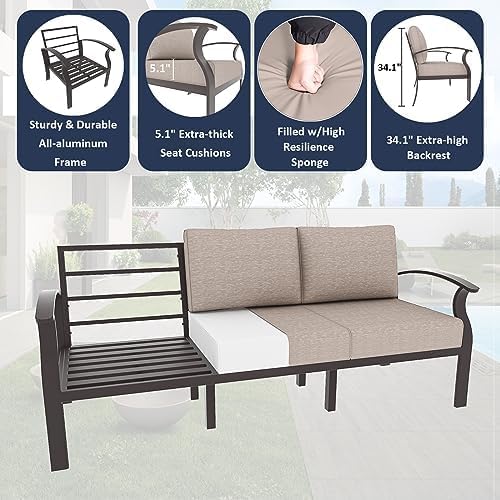ALAULM Aluminum Patio Furniture Set with 40,000 BTU Round Propane Fire Pit Table 7-seat Metal Outdoor Furniture w/ 2 Swivel Chairs Patio Sectional Sofas for Patio, Lawn, Poolside（Sand