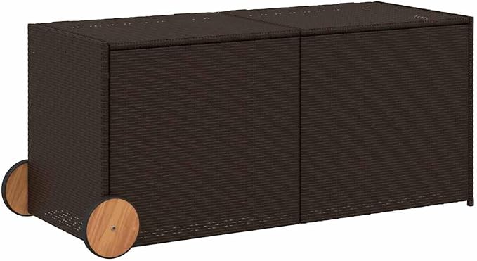 Brown Poly Rattan Garden Storage Box with Wheels, 74.8 Gal Patio Storage Box for Cushions and Blankets, Waterproof Inner Bag with Gas Spring Lid