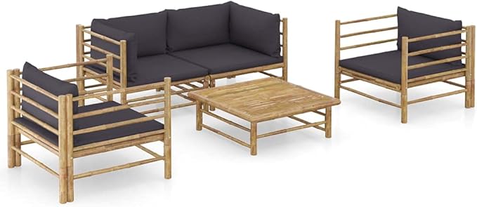 Patio Furniture Sets,Outdoor loveseat,Patio Conversation Sets,5 Piece Patio Lounge Set with Dark Gray Cushions BambooSuitable for Patio, Garden, Gazebo Low