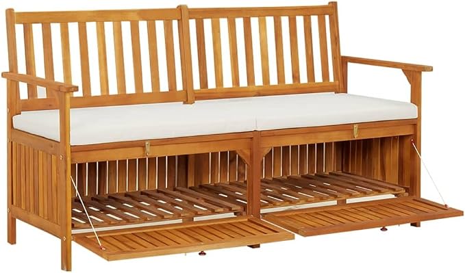 Patio Storage Bench with Cream White Cushion, Outdoor Wooden Deck Box, Solid Wood Patio Furniture for Outdoor Cushions, Pool Storage and Garden Tools, 58.3"x24.4"x33.1", -331