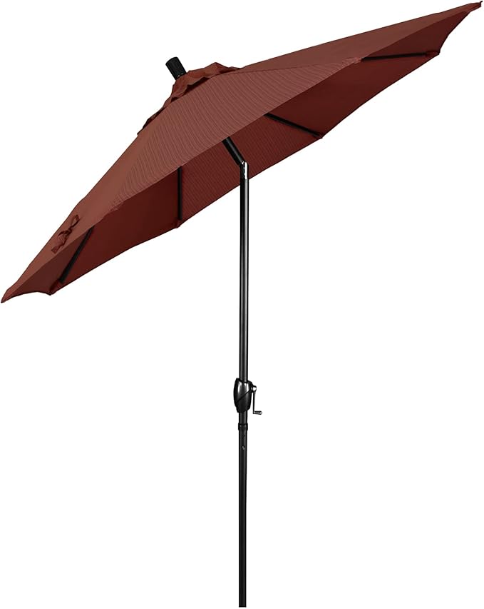 California Umbrella 9' Round Aluminum Market Umbrella, Crank Lift, Push Button Tilt, Black Pole, Terrace Adobe Olefin