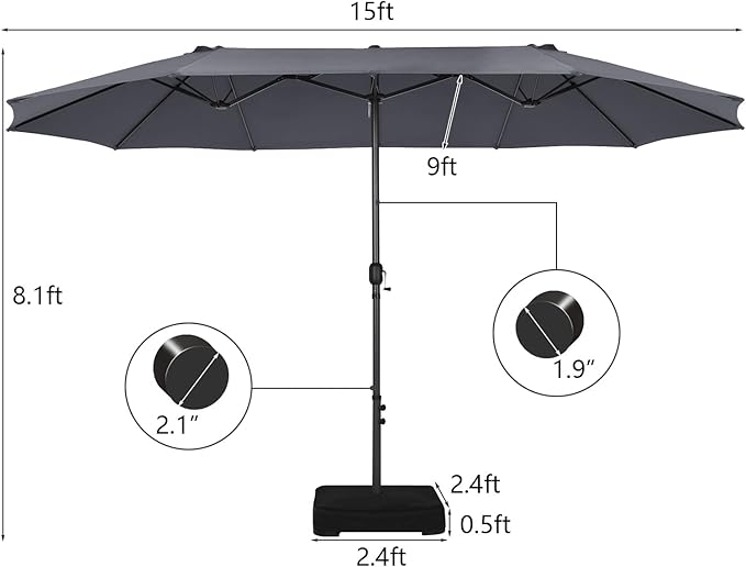 Tangkula 15FT Double-Sided Patio Umbrella, Outdoor Market Umbrella W/Hand-Crank System & Enhanced Base, Ultra-Large Twin Garden Umbrella W/ 12-Rib Structure for Residential & Commercial Use (Gray)