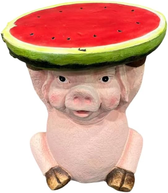 13.4" Cute Pig Side Table w/ Watermelon Top, Resin Plant Stand, Pink+Red | Multi-Functional End Table for Home Garden Patio, Weather-Resistant, Fun Novelty Decor Accent