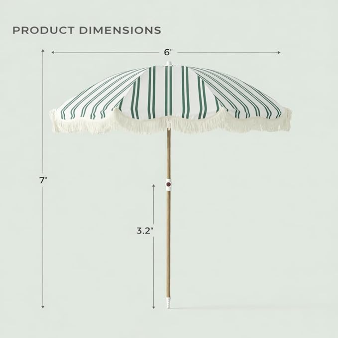 6FT Stripe Fringe Beach Umbrella for Sand with Sand Anchor, UPF 50+ Sun Shade with Tassels, Adjustable Tilt Pole, Portable Coastal Umbrella for Beach & Pool, Heritage Ocean Cypress Stripe
