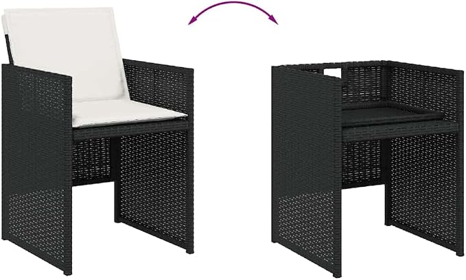 9 Piece Patio Dining Set with Cushions Black Poly Rattan Outdoor Rattan Furniture Set for Garden Backyard Dining Including 8 Folding Chairs and Acacia Wood Table UV-Proof Weather Resistant