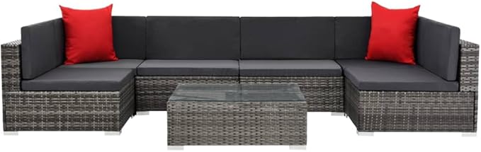 7 Piece Patio Lounge Set with Cushions, Outdoor Sofa Sets Patio Conversation Set Porch Furniture Set Sectional Sofa for Poolside Piazza Exhibition Negotiation Area Poly Rattan Gray