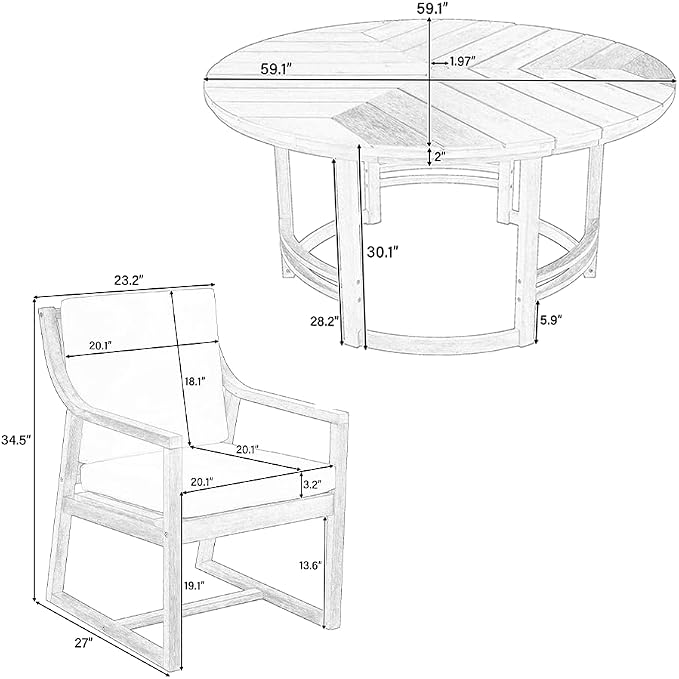 WILLIAMSPACE 5-Piece Acacia Wood Round Outdoor Patio Dining Set with 4 Chair, Light Teak