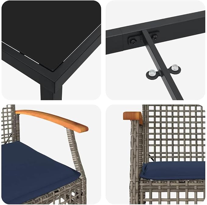 5 Piece Outdoor Garden Dining Set with Rattan Chairs and Black Glass Table, Weather Resistant Patio Furniture for Backyard, Balcony and Terrace, Grey