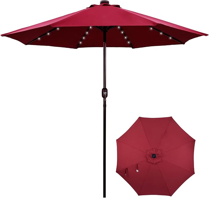 Backyard Expressions 9FT Solar Patio Umbrella with 32 LED Lights, UPF50+ UV Protection, Fade-Resistant Fabric, Easy Tilt & Crank, Outdoor Umbrella for Patio, Deck & Pool (Base Not Included)