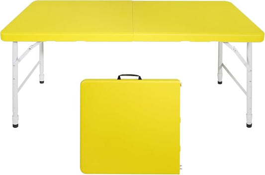 Anwick 4 Foot Folding Table Portable Fold-in-Half Plastic Picnic Table w/Handle and Steel Legs for Indoor, Outdoor, Camping, Party, Garden (Yellow, 4ft)