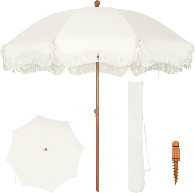 PHI VILLA 7ft Fringe Beach Umbrella White with Sand Anchor, Outdoor Patio White Portable Beach Umbrella for Sand with Tassels, Push Button Tilt & Carrying Bag, UPF 50+