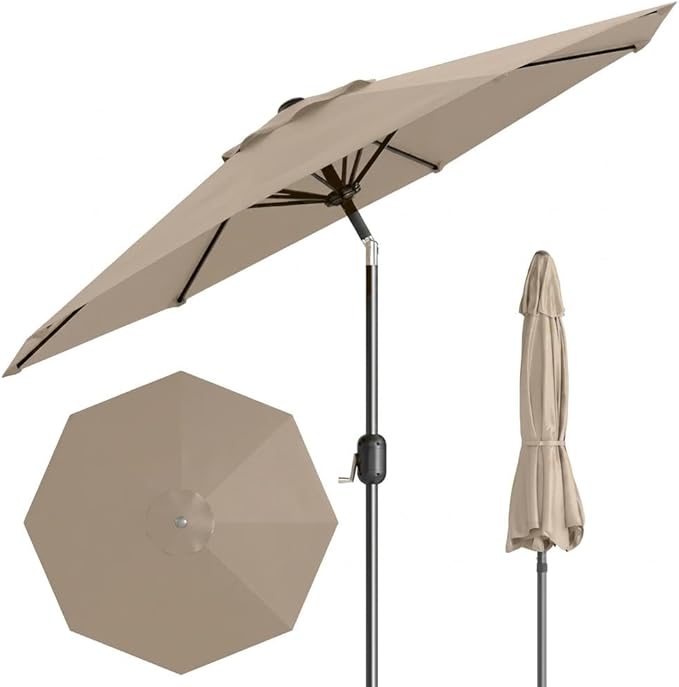 IDEALHOUSE 9FT Outdoor Patio Umbrella, Market Table Umbrella with Crank Lift & Push Button Tilt, Heavy-Duty Iron Frame & Polyester Canopy for Garden, Deck, Backyard, Pool