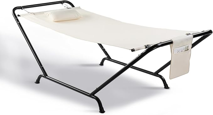 ONCLOUD Iron Hammock with Stand, Hammock Stand with Double-Layer Oxford Cloth Hammock, Portable Heavy-Duty Hammock for Outdoors, Garden, Patio, Yard, 550lbs (Beige)