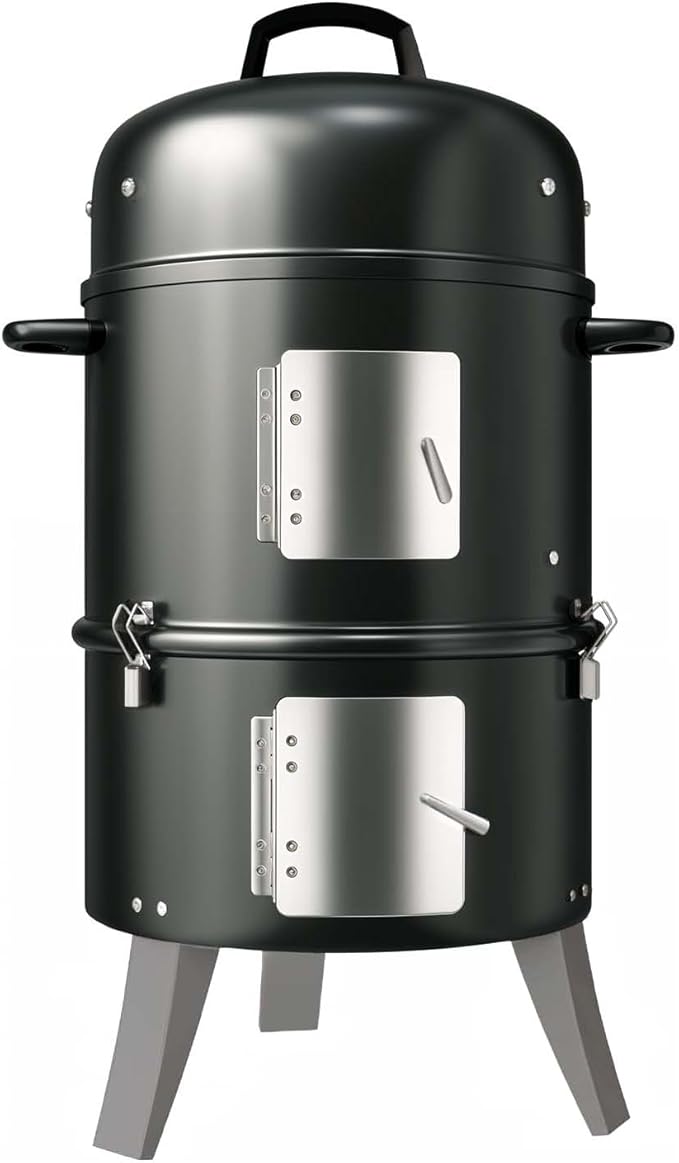 GasOne Vertical Smoker with Thermometer – 16 Inch Heavy Duty Charcoal Smoker – Multipurpose Charcoal BBQ Grill Smoker for Outdoor, Camping – Easy Assembly, 2 Access Doors Grill with Smoker