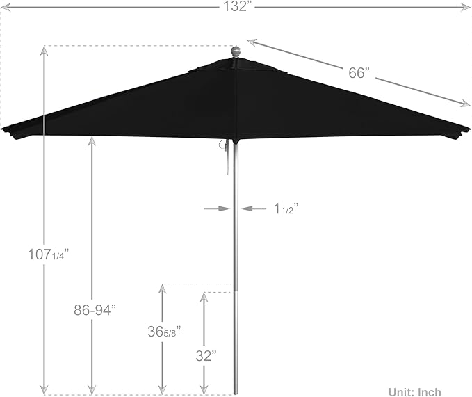 California Umbrella 11Ft Commercial Grade Sunbrella Fabric Market Umbrella, Pulley Lift, Aluminum/Fiberglass, 2mm pole wall, Silver Frame, Black Fabric