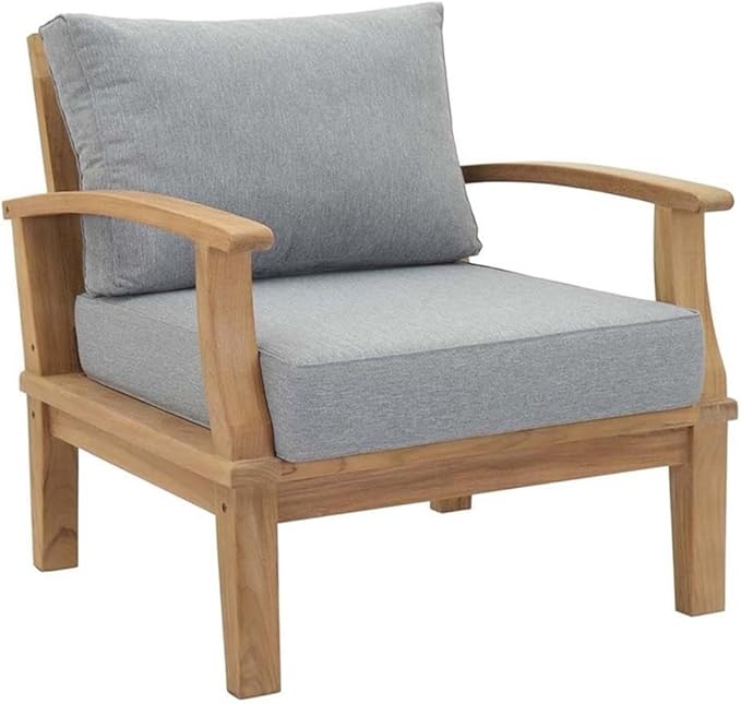 Pemberly Row Modern Teak Wood 3-Piece Patio Conversation Set, Natural/Gray Finish, Includes Table and 2 Chairs, Water & UV Resistant Cushions, Machine Washable Covers, Durable Outdoor Furniture