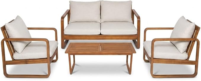 Christopher Knight Home Myra Acacia Wood 4 Piece Outdoor Patio Furniture Set, Wooden Patio Conversation Set with Loveseat Club Chairs & Coffee Table, 4-Seater Patio Sofa Chair and Table Set,Teak+Beige