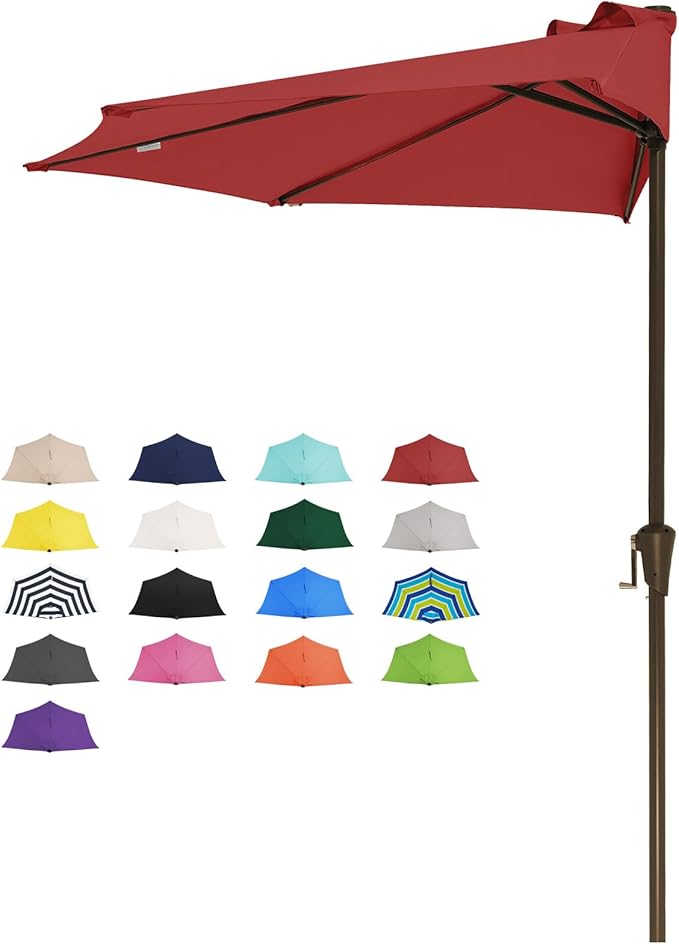 JEAREY 9ft Half Umbrella Outdoor Patio Umbrella Market Umbrellas with Crank, 1/2 Round Wall Umbrella 5 Sturdy Ribs UV Protection for Pool Garden Balcony Deck, Red