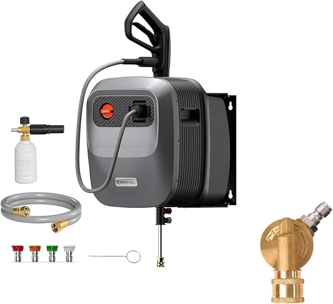 Giraffe Tools Pressure Washer Pivoting Coupler, 7 Angles Gutter Cleaner Attachment and Grandfalls Pressure Washer G20 Pro, 2500 PSI 2.2 GPM, 180° Wall Mount, Auto-Retract with 65FT Hose